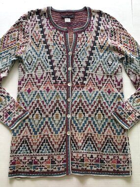 Peruvian Connection Pima Cotton Cardigan Sweater Multicolor Geometric Knit Sz M